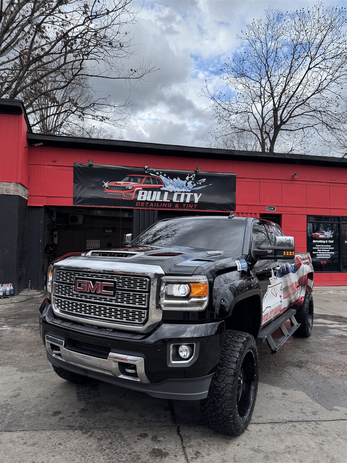 GMC truck with window tint at the Bullcity Detailing & Tint shop